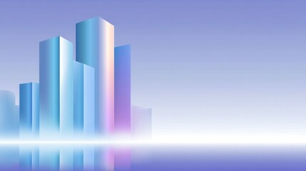 Obraz premium Abstract cityscape with colorful geometric skyscrapers reflecting in calm water under a soothing gradient sky at dawn or dusk, minimalistic urban design