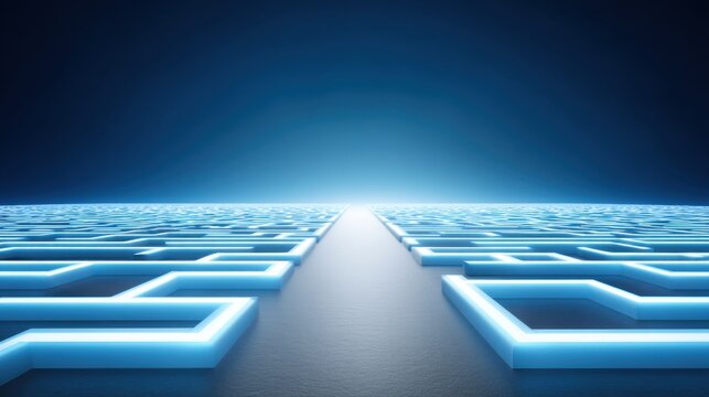 Futuristic Digital Landscape with Neon Blue Grid Pattern Leading to Bright Horizon in Dark Environment