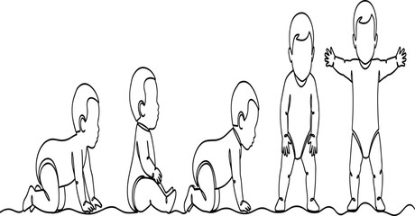 Baby development stages line art illustration showing infant growth milestones from crawling sitting standing to walking for education and parenting concepts