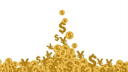 Golden currency symbols falling and accumulating on a white background, representing financial growth and investment.