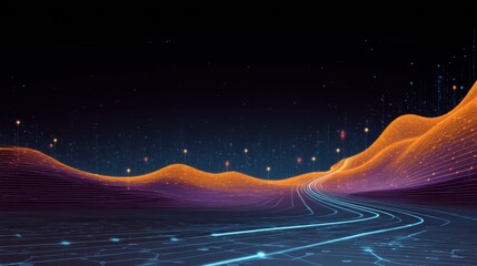 Futuristic landscape with glowing hills and digital data elements, showcasing a technology-driven world with vibrant colors and dynamic visual effects