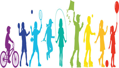 Colorful children playing silhouettes illustration with kids biking jumping skipping and holding balloons for joyful childhood lifestyle and creative design concepts