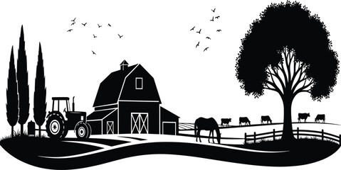 Rural farm landscape silhouette with barn tractor cows trees and fields representing agriculture countryside life and nature illustration design