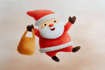 A cute cartoon illustration of a joyful Santa Claus. Festive character holding a gift sack for a Christmas holiday greeting card. Isolated on a textured background with copy space