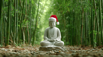 Peaceful buddha statue santa hat bamboo forest zen garden meditation christmas spirituality holiday pebble serenity calm
