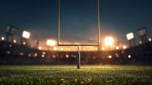 Low-angle view of an American football goalpost standing on a green grass field at night. The background features blurred bright stadium lights