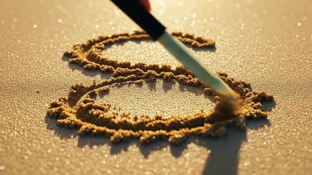 Drawing the letter S in the sand with a small shovel on a sunny beach.