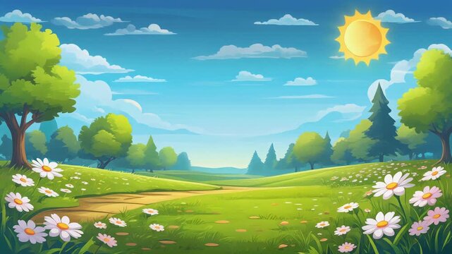 Bright Cartoon Illustration of a Sunny Green Meadow Landscape