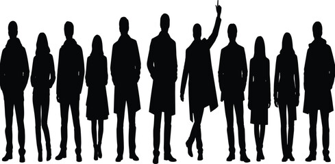 Group of standing people silhouettes illustration showing diverse crowd teamwork leadership and individuality concepts for business social and creative design