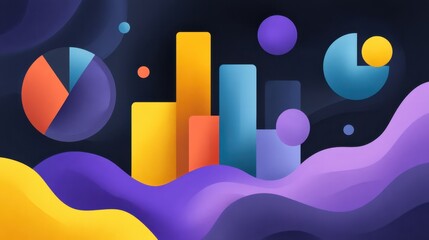 Abstract digital illustration of colorful data visualization elements with bars, circles, and graphs on a dark background for business and technology use