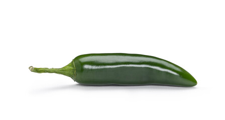 Fresh green jalapeño pepper isolated on white background, representing spicy cuisine