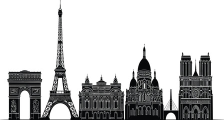 Paris landmarks skyline silhouette featuring Eiffel Tower Arc de Triomphe Notre Dame and Montmartre architecture for travel tourism and cityscape design