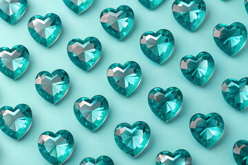 Fototapeta premium Teal Turquoise Heart-Shaped Gemstones Grid on Aqua Background - Refreshing Romantic Crystal Valentine's Wallpaper