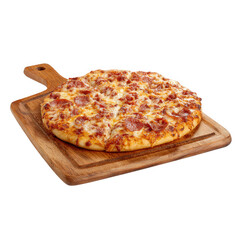 Freshly baked cheese pizza on wooden board isolated on transparent background