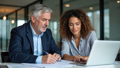 Man and woman collaborate on laptop, review documents at office desk. Diverse professionals engaged in teamwork, planning project strategy, discussing work. Focused colleagues.