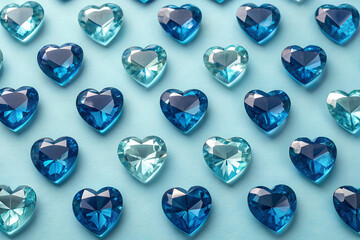 Fototapeta premium Blue Heart-Shaped Sapphire Gemstones Grid on Light Blue Background - Serene Romantic Crystal Wallpaper