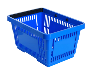 Empty blue plastic shopping basket with black handles