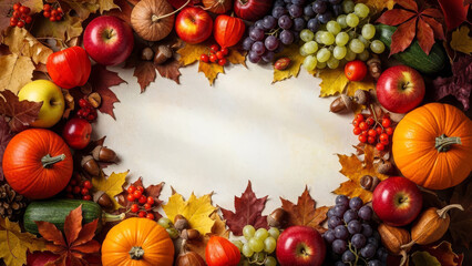 Thanksgiving Autumn Harvest Border with Grapes, Pumpkins, Apples, and Leaves