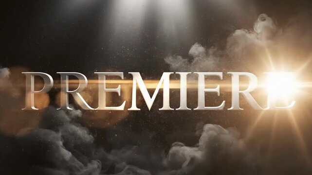 Dramatic cinematic title card featuring the word premiere illuminated by bright lens flare and swirling smoke effects