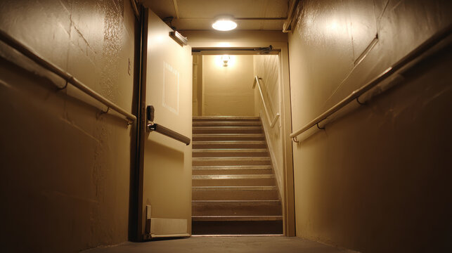 Emergency exit door push bar handle dim stairwell safety corridor industrial lighting security