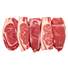 Five raw beef steaks isolated on transparent background