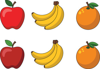 Flat fruit icons set with apple, banana, and orange isolated on white