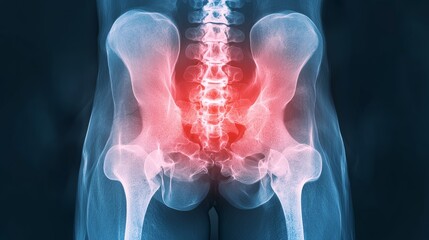 Sciatica concept. X-ray image highlighting the pelvic region with a focus on inflammation or pain in the lower back area.