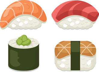 Flat vector sushi icons set with nigiri and maki © Vactor Creatives