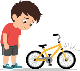 Sad Cartoon Boy Looking at Broken or Flat Tire on His Bicycle Vector