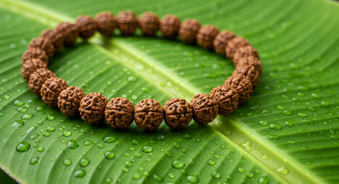 Close-up of a mala bracelet made of rudraksha beads resting on a vibrant green leaf with water droplets