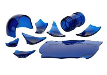 hyperdetailed macro of scattered deep sapphire blue glass bottle fragments with sharp jagged edges, showing etched volume markings, isolated on a sterile white background. concept of material