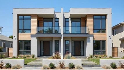 Modern luxury urban residential building facade with blue sky and yellow accents
