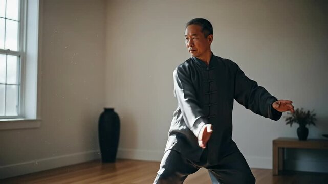 Man practicing Tai Chi in a bright, minimalistic room