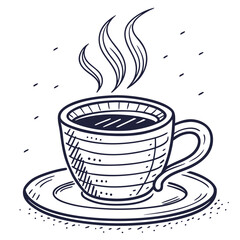 Hand drawn sketch of a steaming hot coffee cup on a saucer, black and white line art illustration