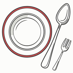 Simple line art illustration of a dinner plate with a spoon and fork, cutlery set for dining