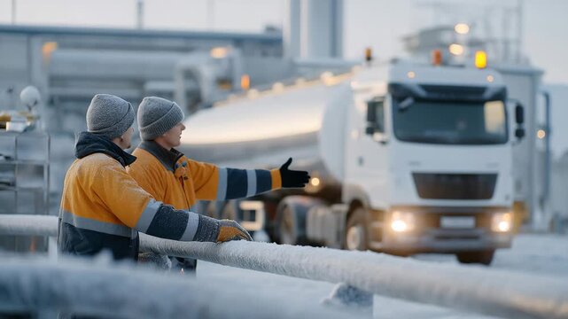 A cryogenic liquid tanker truck unloading at an industrial plant, hoses frosted white as workers monitor gauges showing subzero flow &mdash; cold-chain industrial logistics, cryogenic transport safety,
