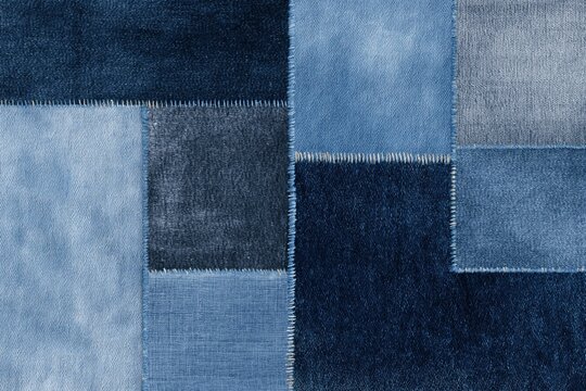 Blue Denim Patchwork Textile Background With Texture