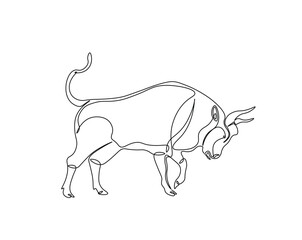 One continuous line drawing of wild bull. cow - animal outline drawing illustration.