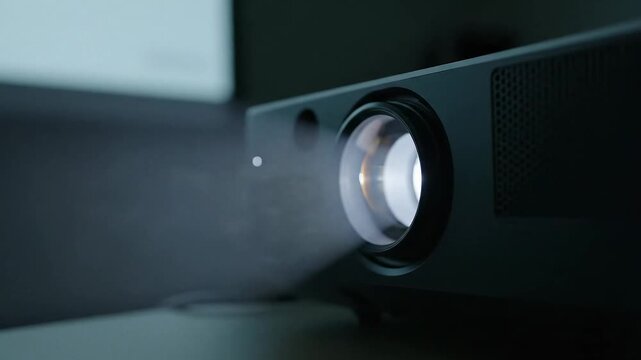 Close-up of a projector lens emitting a bright light beam in a dark room. Essential tool for presentations, movies, and educational purposes