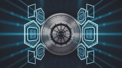 Futuristic digital vault with glowing hexagonal data panels and light rays security technology