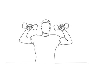 One continuous line drawing of man workout using barbell. Man training in sport gymnasium outline drawing illustration.