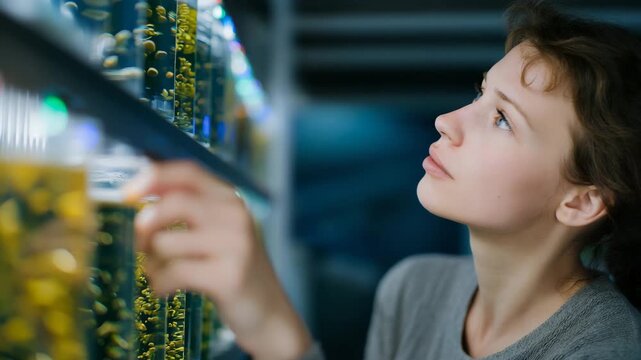 A microbiologist examining bubbling fermentation cultures in a transparent bioreactor, colorful LED indicators tracking temperature, pH, and microbial activity &mdash; biotech fermentation process,