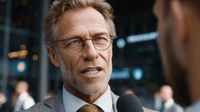 Older, respected executive gives an impromptu interview to a reporter outside a major financial building