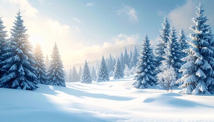 Obraz premium Snow-covered pine forest in winter with soft morning sunlight and clear sky, creating a peaceful, clean, and beautiful natural winter landscape.