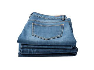 A neatly folded stack of blue denim jeans, showcasing a classic style and texture.