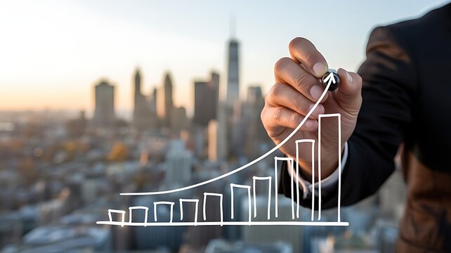 Hand drawing a white bar graph with upward trend line over city skyline chart - Powered by Adobe