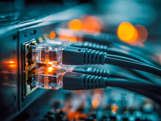 Ethernet cables plugged into a network switch with illuminated connection lights, symbolizing data transfer and internet connectivity in a tech environment