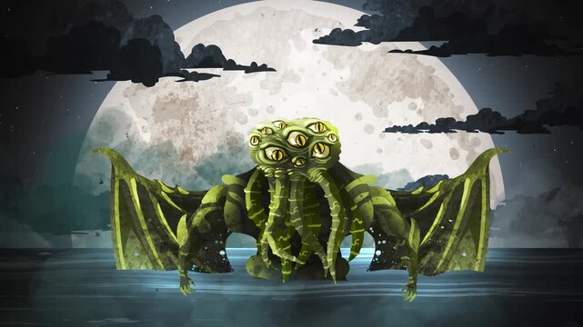 cthulhu ancient sea monster with octopus head rising from the ocean depths