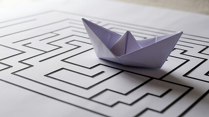 White paper origami boat on a black and white maze labyrinth