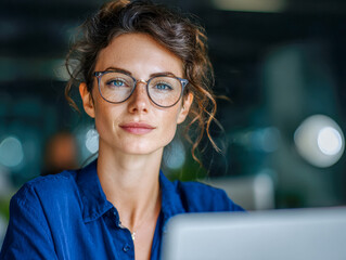 Thoughtful young woman with curly hair and glasses working on a laptop in a cozy modern office environment with soft background lighting